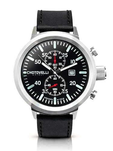 chotovelli Big Pilot Chronograph Men's Watch, 50mm Stainless Steel Case, Black Dial with Luminous Numerals, Leather Strap, Sapphire Glass, 747.11