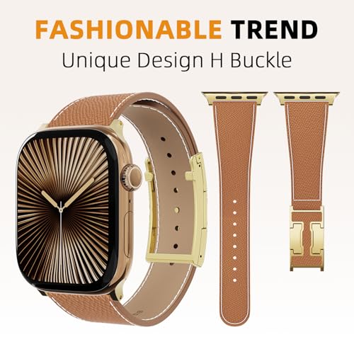 Designer Leather Band Compatible with Apple Watch 49mm46mm45mm44mm42mm41mm 40mm38mm for Women,Magnetic Buckle Replacement Strap for iWatch Ultra 3/ 2 /1 SE 3/2/1 Series 11/10/9/8/7/6/5/4/3/2/1 (Brown Band+Gold H Buckle, 38mm40mm41mm42mm)