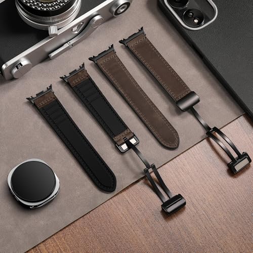 Charlam Magnetic Leather Bands Compatible with Galaxy Watch 8 Band 40mm 44mm,Galaxy Watch 8 Classic Band 46mm,Genuine Leather No Gap Replacement Straps for Samsung Watch 8 Bands Men Women,Black Coffee
