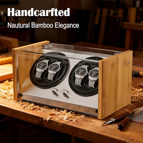 Watch Winder Smith Real Bamboo 4 Watch Winders for Automatic Watches, Precision Engineered Quiet 4 Modes Rotation and Dual Power Flexibility AC/DC