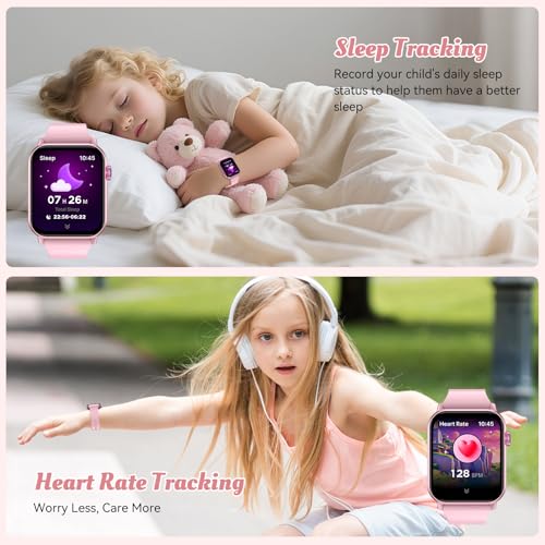 ganopterygon Smart Watch for Kids, 12 Puzzle Games HD Touch Screen Watches, Step Counter, Heart Rate and Sleep Monitor, Flashlight, 12/24 hr Educational Toys Birthday Gifts for Girls Ages 6-12 (Pink)