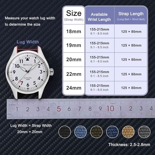 WOCCI 20mm Watch Band, Canvas Fabric, Quick Release, Replacement Strap, Silver Buckle (Khaki)