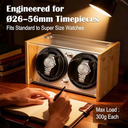 Watch Winder Smith Quiet Bamboo Watch Winder 2 for Automatic Watches, Vertical Rest Timer Function for Easy Glance