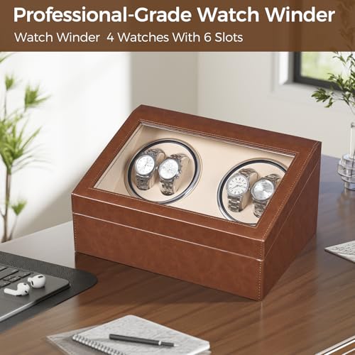 ANWBROAD Watch Winder for Automatic Watches, Automatic Watch Winder Box with 4 Watch Rotator and 6 Extra Storages, 4 Watch Winder with Japanese Quiet Motor, Watch Winders for Men & Women, UJWW012Z