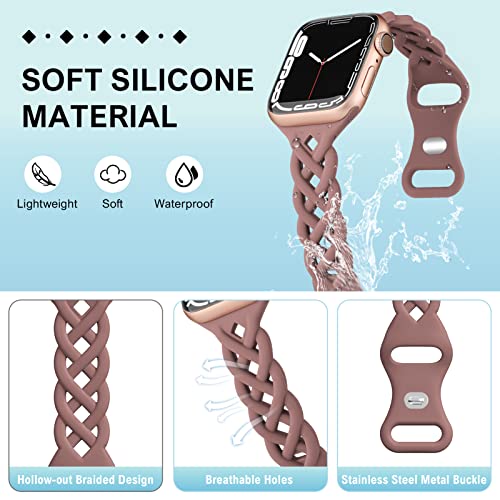 Braided Silicone Bands Compatible with Apple Watch 38mm 40mm 41mm 42mm 44mm 45mm 46mm 49mm for Women, Slim Thin Narrow Hollow-out Strap Cute for iWatch Ultra 2/3 SE 3 Series 11/10/9/8/7/6/5/4/3/2/1
