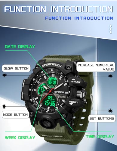 FANMIS Men's Solar Powered Casual Quartz Wrist Watch Analog Digital Multifunctional Black Sports Watch (X Army Green)