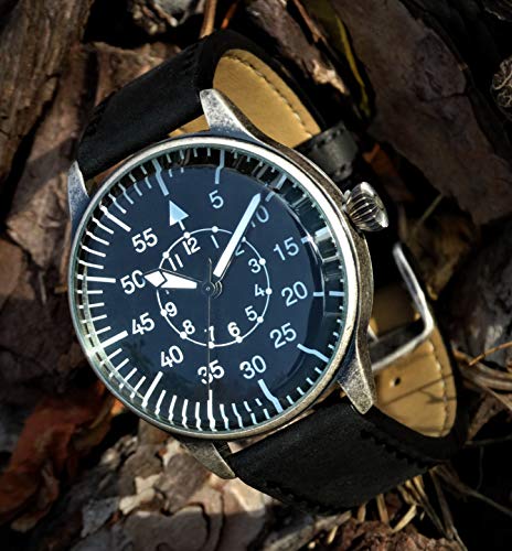 Mil-Tec Vintage Aviator Watch Black Dial Quartz Mens Flieger Pilot World War 2 Wristwatch