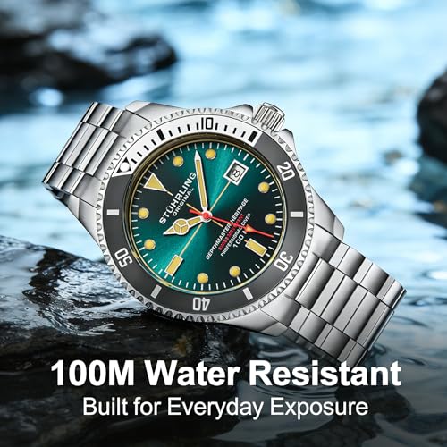 Stuhrling Original Depthmaster Heritage Diver Men’s Watch 42mm Stainless Steel, Swiss Quartz Dive Watch for Men, Teal Dial, 100M Water Resistant, Rugged Outdoor Watch for Swimming & Daily Use
