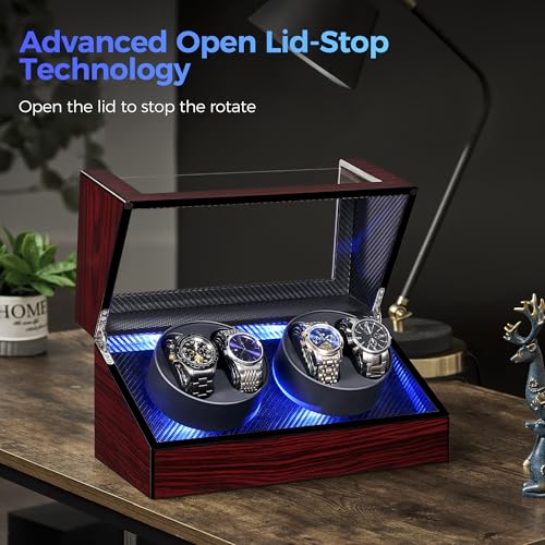 ANWBROAD Watch Winders For Automatic Watche, Automatic Watch Winder Box With Led Light, Watch Turner For Automatic, 4 Watch Rotator And Super Quiet Motor And 4 Rotation Mode, UJWW011Y