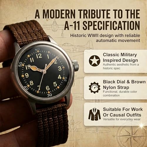 PRAESIDUS A-11 Military Watch | Automatic WW2 Field Watch for Men | 42mm Stainless Steel Case with Black Dial & Brown Nylon Strap and 100M Water Resistance, Assembled in USA