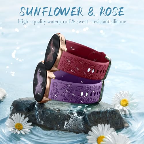 SNBLK Floral Engraved Bands Compatible with Samsung Galaxy Watch Band 7 6 5 4 Active 2 40mm 44mm/5 Pro/Watch 3, 6 Pack 20mm Flower Soft Silicone Replacement Strap for Samsung Watch 7 Bands for Women