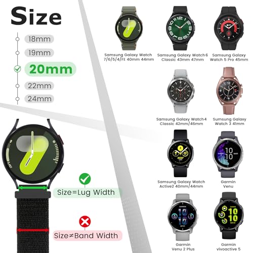 20mm Nylon Quick Release Band Compatible with Samsung Galaxy Watch 7 6 5 4 40mm 44mm/Garmin Vívoactive 6/5/3/3 Music/Forerunner 570 42mm/55/158/165/245/645/Amazift Active 2/Active/T-Rex 3 Pro 44mm