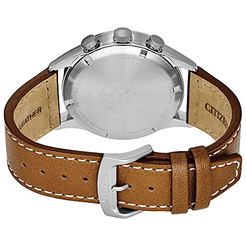 CITIZEN Men's Eco-Drive Weekender Garrison Chronograph Field Watch in Stainless Steel with Brown Leather Strap, Blue Dial (Model: CA0621-05L)