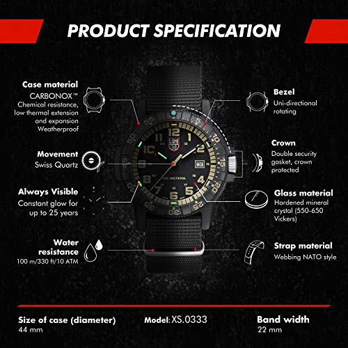 Luminox – Leatherback SEA Turtle Giant Men’s Watch 44 mm, 0320/0330 Series, Military Watch, Swiss Quartz Watch, 100 m Water Resistant, Self-Illuminating, Black, 44 mm, Ribbon