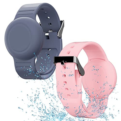 Waterproof Bracelet Compatible with Airtag (1st & 2nd Gen) for Kid, 2 Pack Soft Silicone Hidden Wristband, Lightweight Tracker Watch Band Compatible with Apple Air Tag for Child, Grey Blue & Pink