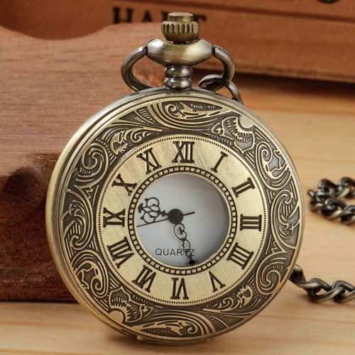 Bronze Hollowed Out Roman Covered Quartz Pocket Watch for Men, Arabic Numerals White Dial Pocket Watches for Men, Men's Quartz Pocket Watch with Chain -Bronze