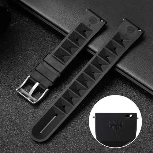 watchdives Rubber Waffle Watch Band, Fast Release Soft Rubber Watch Strap Waterproof Replacement Watchbands with Two Fixing Loops for Men & Women (Black-Fast Release, 22mm)