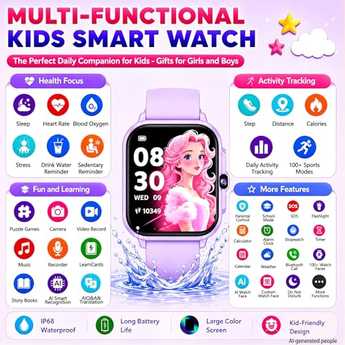Smart Watch for Kids, 1.85" Fitness Tracker with Camera, Game, Music, SOS, AI, Alarm Clock, Video,Parent Control, 24/7 Heart Rate Sleep Monitor, 100+ Sport Modes, IP68 Waterproof, Gifts for Boys Girls