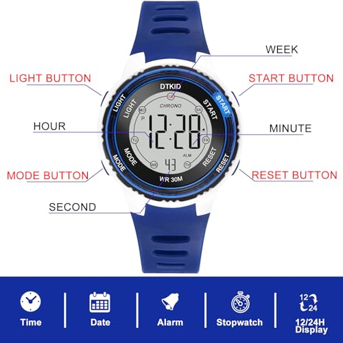 DTKID Digital Kids Watch 30 M Waterproof, 7 Color Lights Time Teaching Watch Easy to Read for Girls Boy 5-16