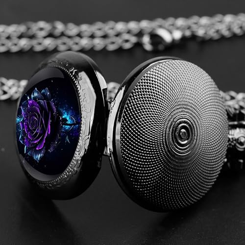 YIHAOYH Vintage Pocket Watch for Women Men Graphic Design Quartz Pocket Watches with Chain Pendant Christmas Birthday Gift with Box (Purple Rose)