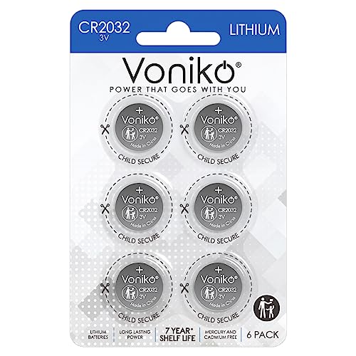 Voniko CR2032 3V Lithium Batteries 6 Pack for Child Safety, Compatible with AirTag, Key Fobs, Thermometers, Scales – 7 Years Shelf Life