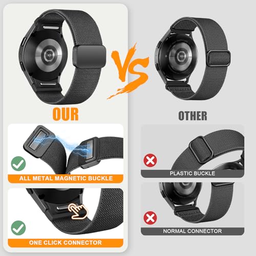 One Click Fabric Bands for Samsung Galaxy Watch 7 6 Band 5/4/FE 40mm 44mm/Galaxy Watch 6 Classic 43mm 47mm/5 Pro 45mm/4 Classic 42mm 46mm,Magnetic Elastic No Gap Wristband Stretchy Nylon Sport Strap