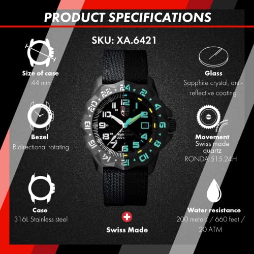 Luminox - F-117 Nighthawk XA.6421 - Mens Watch 44mm - Pilot Watch in Black Date Function Second Time Zone - 200m Water Resistant Sapphire Glass - Mens Watches - Made in Switzerland