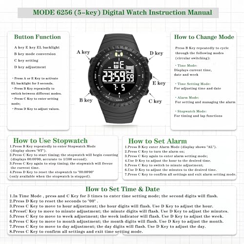 KXAITO Men's Watches Sports Outdoor Waterproof Military Watch Date Multi Function Tactics LED Face Alarm Stopwatch for Men (6256 Black)