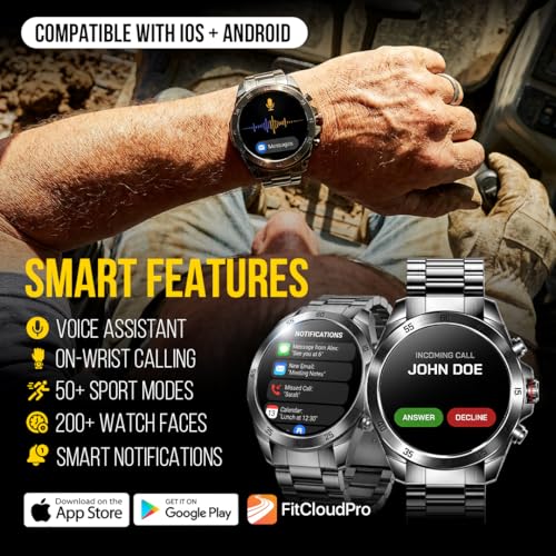ALPHAGEAR Commander Smartwatch for Men, Tactical Military Smart Watch, 12-Day Battery, AMOLED Display, Bluetooth Calling, IP68 Water Resistant, Stainless Steel, for Android iPhone, Dark Gray