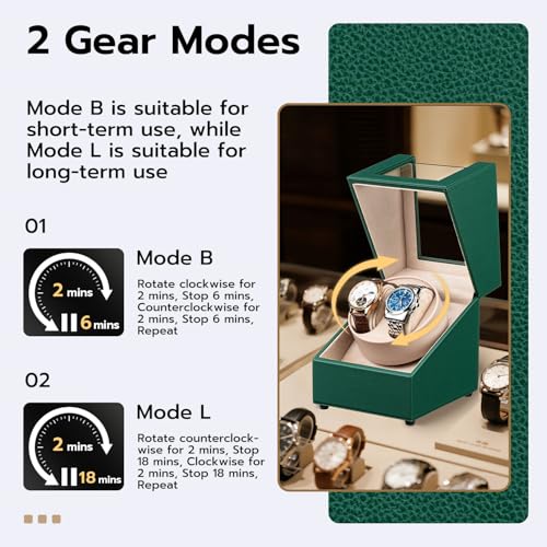 Mcbazel Watch Winder for Automatic Watches, Double Automatic Watch Winder Box, Automatic Watch Display Storage Rotation Wristwatch Box with 2 Slots (Green PU Leather)