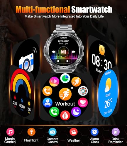 HIRREO Smart Watch for Men, 1.6'' AMOLED HD Fitness Watches with LED Flashlight, Buletooth Calling, 600mAh Battery/2 Straps/100+ Sports/IP68 Waterproof Smartwatch for Android iOS, Black-Orange