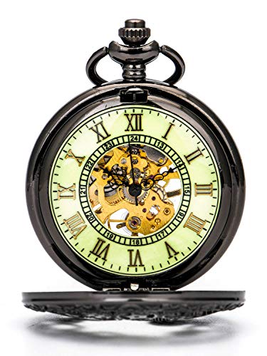 BOSHIYA Mechanical Pocket Watch, Luminous Skeleton Black for Men.