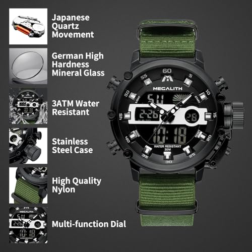 MEGALITH Military Watches for Men Digital: Tactical Wristwatch with Analog Dual Time Display - Waterproof Sport Heavy Duty Watch for Men with LED Alarm Stopwatch Date - Gifts for Him