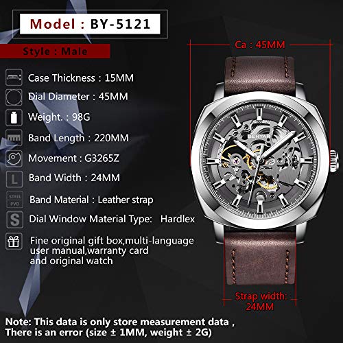 BENYAR Men's Automatic Mechanical Watch Leather Strap Gold Movement 45mm Skeleton Dial Water Resistant Scratch Resistant Elegant Gift for Men, Grey 1, Strap