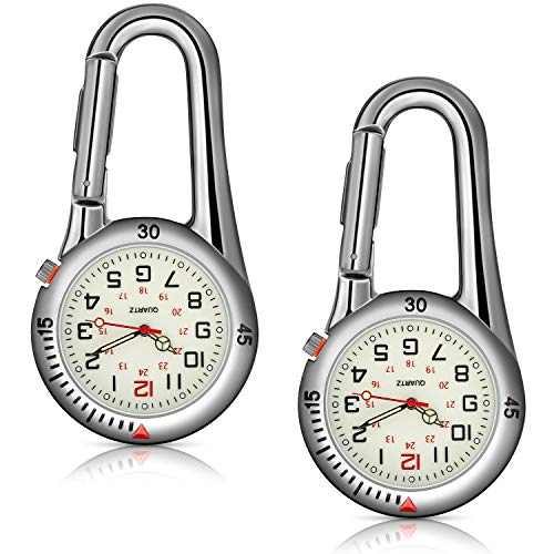 Hicarer 2 Pieces Clip on Quartz Watch Backpack Fob Belt Glow in The Dark Unisex Pocket Watch with White Dial for Doctors Nurses Outdoor Activities(Silver)
