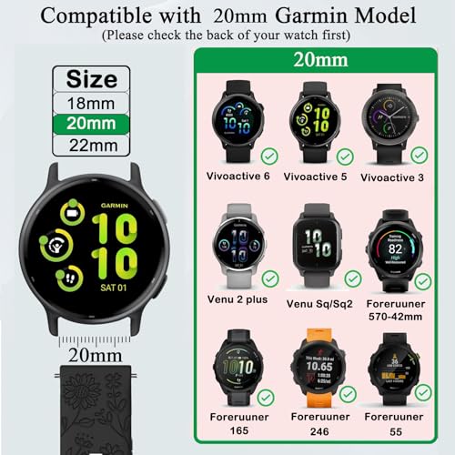 TUCOMO 5 Pack Floral Engraved Watch Bands Compatible with Garmin Vivoactive 6/Vivoactive 5/3/3 Music, 20mm Soft Silicone Sport Wristband Straps for Garmin Venu SQ/Forerunner 55/165/245 Women