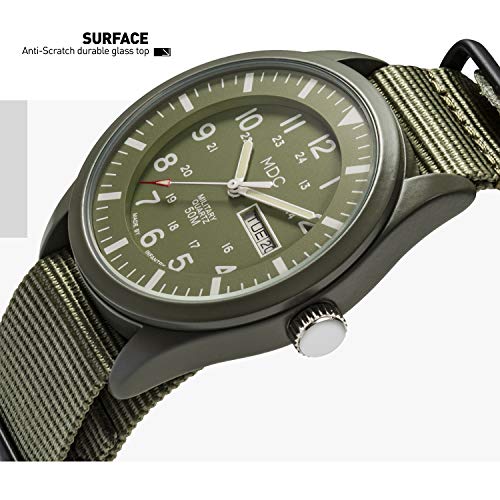 Infantry Mens Military Watch, Vietnam Style Field Watches for Men, Tactical 12/24H Military Time Analog Watch, Waterproof Day Date Quartz Wristwatch w/Green Nylon Band, Work Watch for Man