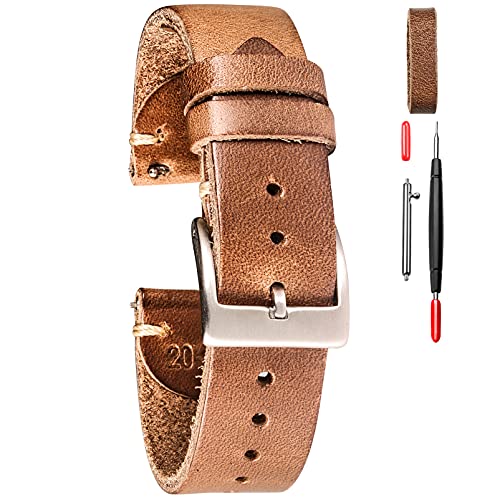 hemsut h 20mm Leather Watch Bands for Men, Thin Soft Horween Leather Watch Strap Quick Release Vintage Watch Wrap