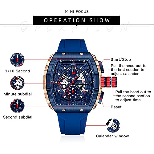 MF MINI FOCUS Men's Watch Fashion Tonneau Wrist Watches (Chronograph/Waterproof/Luminous/Calendar) Silicon Strap Quartz Watches for Men (Black & Golden)