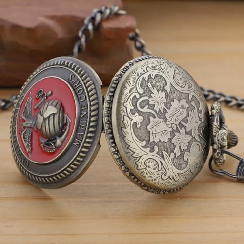 Realpoo Red Antique Landmine Solid Face Design Quartz Men's Pocket Watch, Arabic Numeral Dial with Chain Pocket Watch for Men