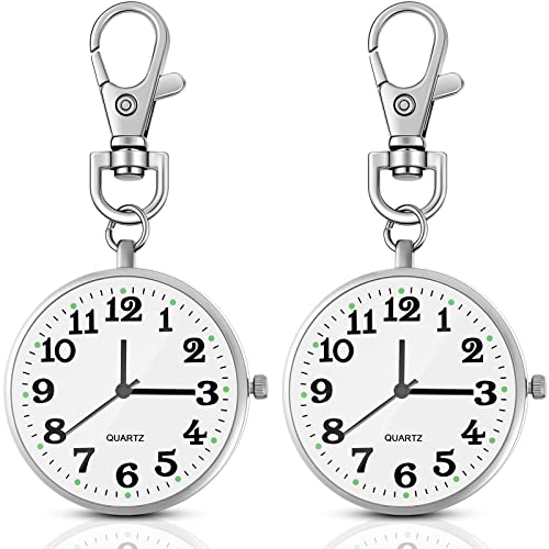 Junkin 2 Pieces Quartz Pocket Watch with Key Buckle Round Keychain Clip on Watch Portable Unisex(Silver)