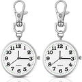 Junkin 2 Pieces Quartz Pocket Watch with Key Buckle Round Keychain Clip on Watch Portable Unisex(Silver)