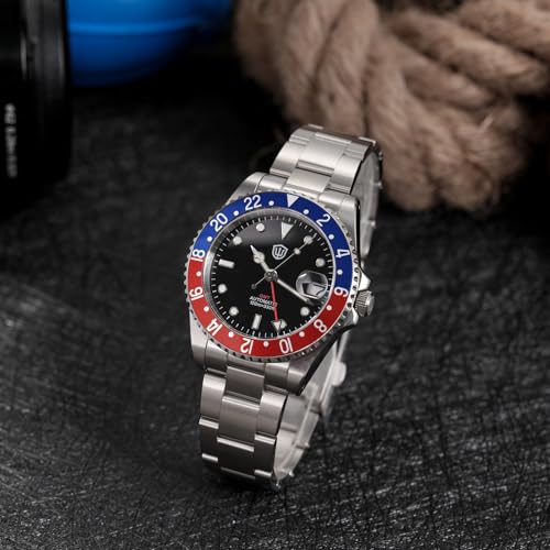 watchdives GMT Watches for Men WD0014 Dual Time Zone Dive Watch NH34 Automatic Vintage Wristwatch 40mm Aluminum Bezel (Black White/Red Blue)