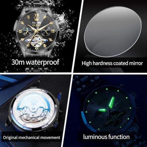 OLEVS Black Self Winding Watches for Men Mechanical Business Dress Skeleton Waterproof Luminous Date Automatic Luxury Casual Man Watch