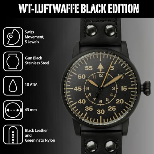 WARTIME | WW2 Military Watch Luftwaffe Black Edition – Vintage Pilot Watch with Swiss-Made Movement, Gun Black Steel Case, Superluminova Hands, Genuine Leather & two Straps, 10 ATM Water Resistant – WWII Collector’s Ammunition Box