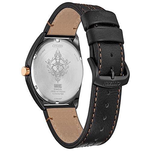 CITIZEN Men's Eco-Drive Marvel Tony Stark 63 Black Ion Plated Watch with Black Leather Strap, 3 Hand, Luminous, 43mm (Model: AW2075-05W)