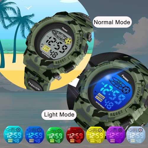 Facasu Camo Sports Watch for Boys-Waterproof Kids Digital Watch with Colorful Light, Alarm&Snooze,Stopwatch Military Design Silicone Band Gift for Birthdays,Christmas(8+ Years)