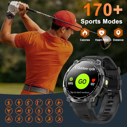 Rugged Military Smart Watch for Men with GPS, 1.43'' AMOLED Fitness Tracker Watch with Bluetooth Call/Flashlight/Compass, 170+ Sports Modes Waterproof Mens Smartwatch for Android iPhone