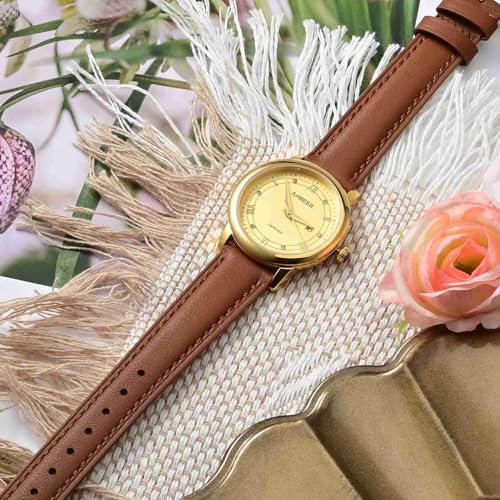 ANBEER 12mm Flat Thin Elegant Genuine Leather Watch Strap,Quick Release Replacement Watch Band,Brown with Gold Buckle