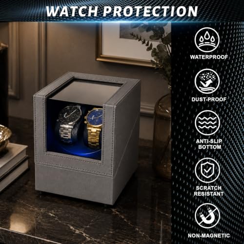 Lieinw Automatic Watch Winder for Rolex and Auto Watches, Leather Double Winding Watch Box with Blue LED & Japanese Quiet Motor, 2 Slots Rotating Watch Case Used for Storage, Display & Gifts, Gray